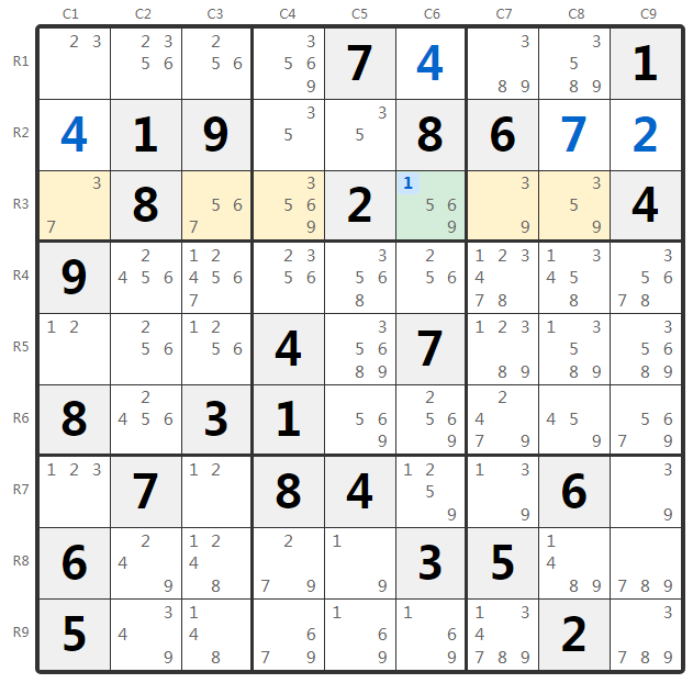 Sudoku Hidden Single Beispiel - Zeilenanalyse