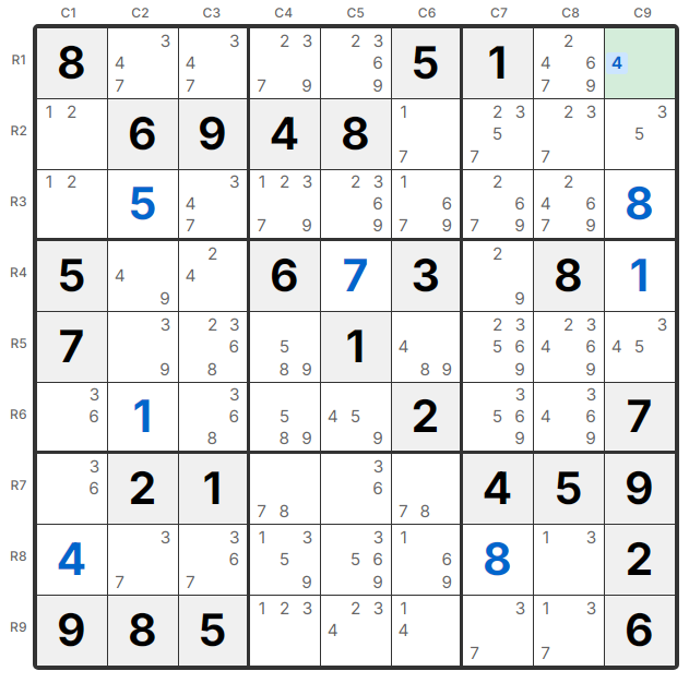 Naked Single Beispiel - R1C9 hat nur Kandidat 4